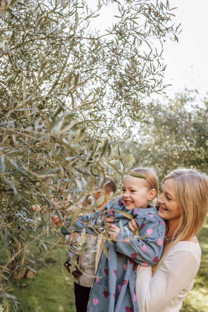 A family exploring the olive trees at a holiday stay in Newham VIC